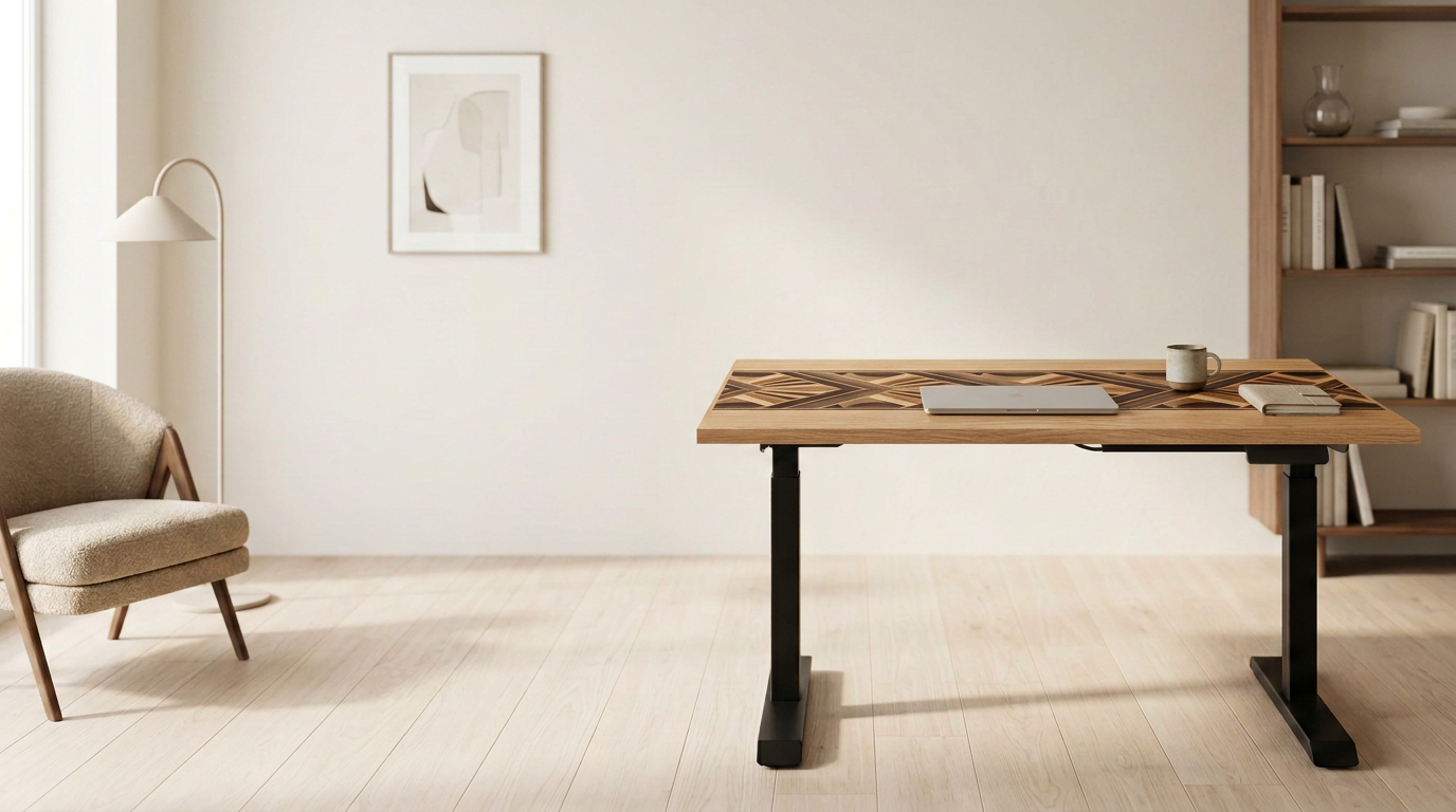 Marquetry desktop on a sit-stand desk in a contemporary home office
