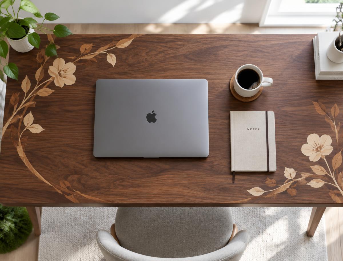 Walnut marquetry desktop in everyday use with a laptop and a cup of coffee