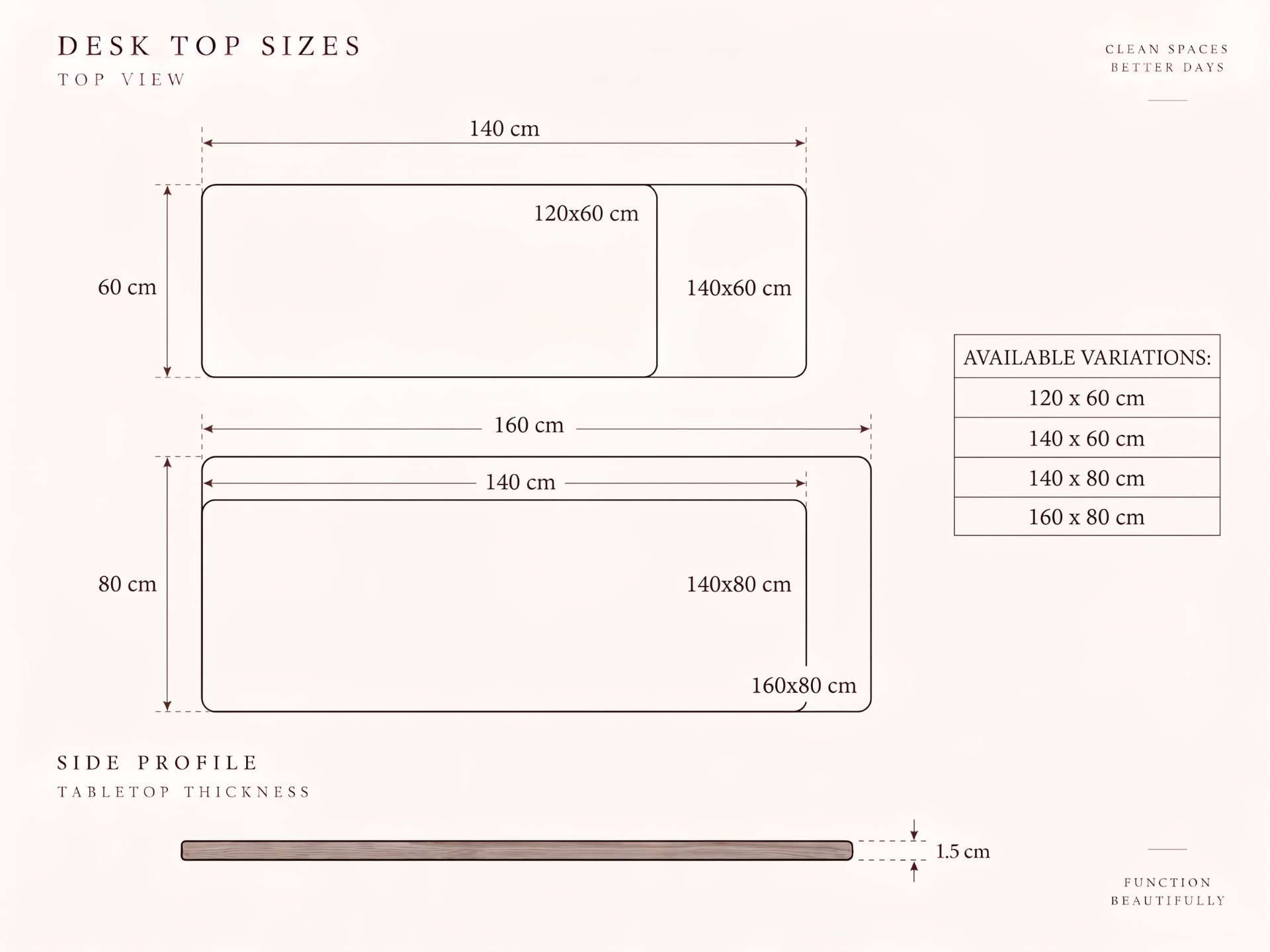Size chart of the marquetry desktops: 120 × 60, 140 × 60, 140 × 80 and 160 × 80 cm, 1.5 cm thick