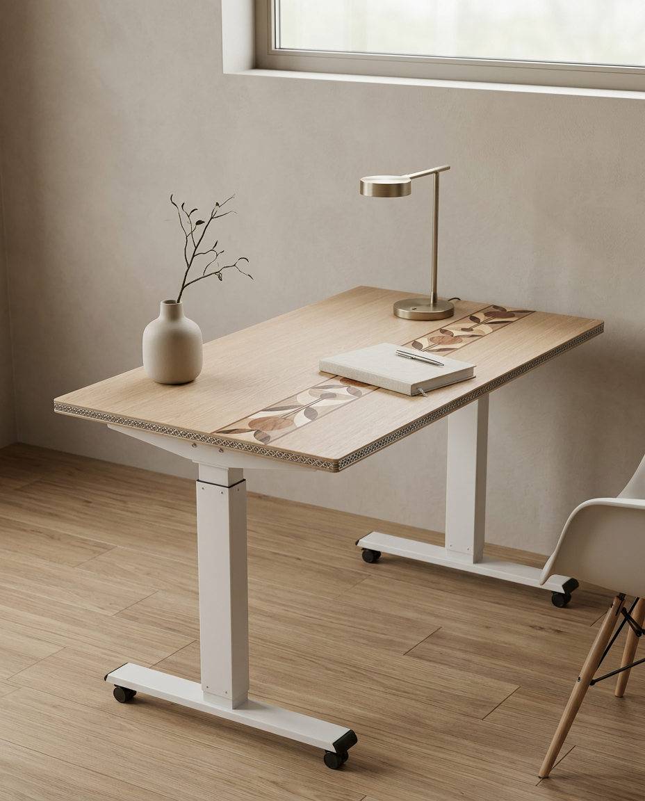 Marquetry desktop on a height-adjustable frame in a bright interior
